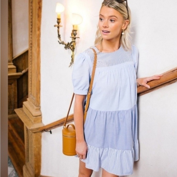Tuckernuck Pomander Place Quinn Light Blue Striped Tiered Babydoll Dress - Picture 1 of 8